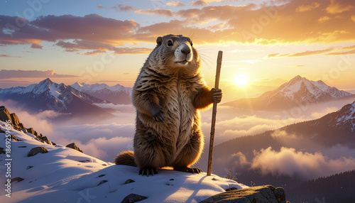 Epic Groundhog Day Illustration of Groundhog on Snowy Mountain Summit at Golden Sunrise