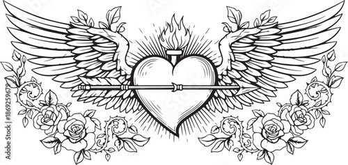 Winged Heart with Arrow Tattoo Vector – Classic Love & Freedom Symbol