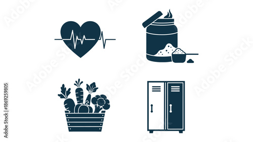 Essential health and wellness icons: heart pulse, dietary supplements, fresh vegetables, and gym locker
