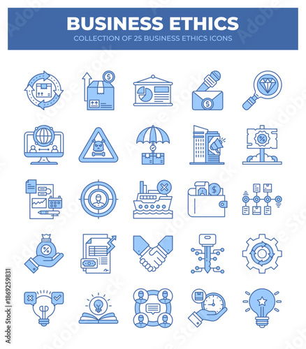 Collection of 25 Business Ethics Icons. Promoting Transparency and Accountability