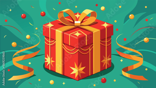 A red gift box adorned with gold ribbons and scattered confetti, creating a festive and celebratory appearance