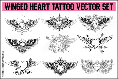 Winged Heart Tattoo Vector Set – Vintage Love & Angel Wings Design