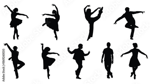 A collection of dancing figures in black showcasing graceful movement silhouette