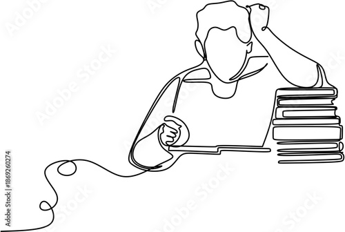 Continuous line drawing of a student studying with a stack of books.