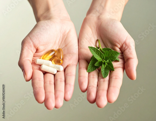 A person holds various capsules and fresh mint leaves in their open palms, symbolizing a choice between modern dietary supplements and natural herbal remedies.