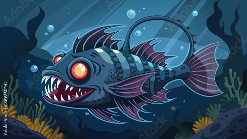 An illustration of a fish with large, sharp teeth, showcasing its fierce appearance and aquatic features