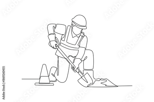 A worker drilling the road surface. Construction street dan building concept. Single line draw design. Vector graphic illustration
