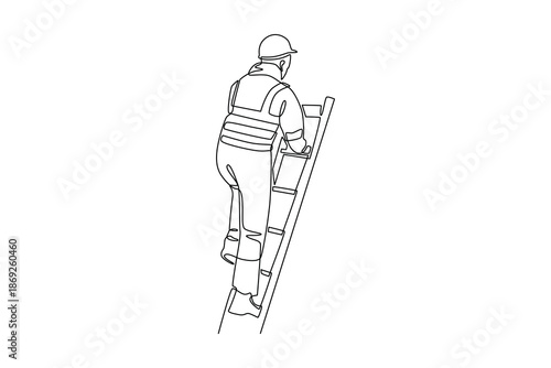 A worker climbing a construction ladder. Construction street dan building concept. Single line draw design. Vector graphic illustration