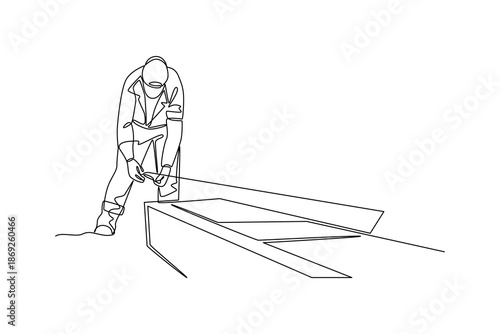 A worker installing concrete road panels. Construction street dan building concept. Single line draw design. Vector graphic illustration