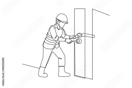 A worker installing building components. Construction street dan building concept. Single line draw design. Vector graphic illustration