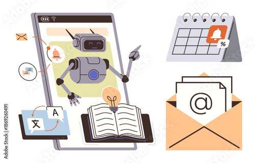 Artificial intelligence, automation, translation services, digital communication, task organization, efficiency. Robot pointing inside a digital interface with books, translation icons, and email