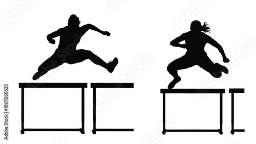 Athletes jumping over hurdles in a dynamic black silhouette