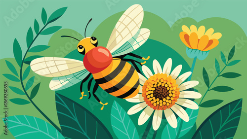 A bee interacting with flowers and leaves, highlighted by a green background