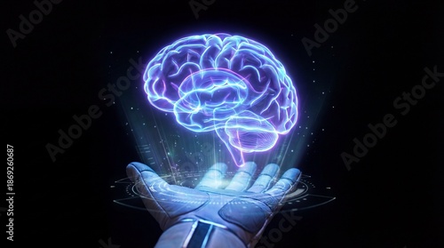 Futuristic Hand Holding Glowing Holographic Brain. AI, Digital Intelligence & Advanced Technology Concept.