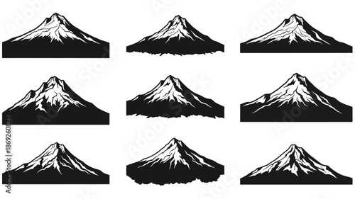 Nine mountain variations presented as a striking black and white silhouette