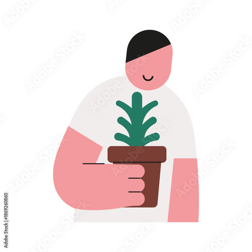 Flat modern illustration of a man holding a potted plant, representing care, growth, sustainability, environment, and eco friendly lifestyle concept with simple character design.