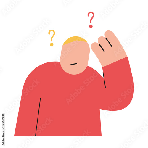Flat modern illustration of a confused man raising hand with question marks, representing doubt, confusion, problem solving, decision making, and uncertainty concept.