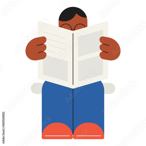 Flat modern illustration of a person reading a newspaper, representing learning, education, knowledge, information, and self development concept with simple character design.