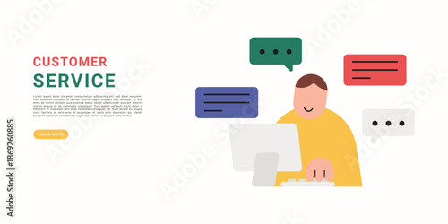 Customer service. Flat modern illustration of customer service agent working on computer with chat bubbles, representing online support, communication and customer assistance concept.