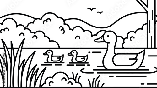 A cartoon illustration of a serene lake scene with ducks swimming in the water