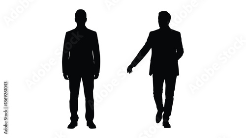 Two men in suits standing a dramatic black and white silhouette