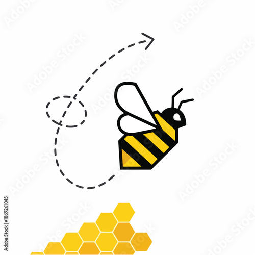Bee flying with dotted line path to honeycomb.