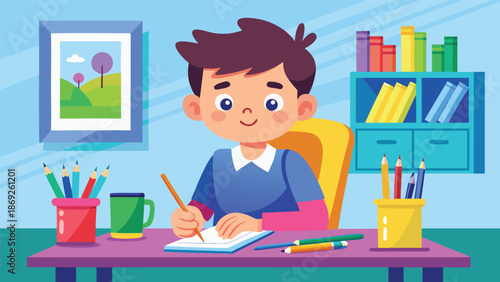 A boy sits at a desk, writing on paper with a pen, focused on his task