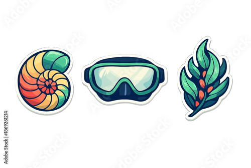 Nautilus shell, diving mask, and seaweed sticker pack