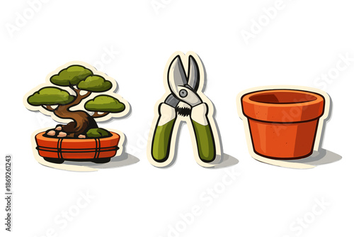 Bonsai tree, pruning shears, and terracotta pot illustration