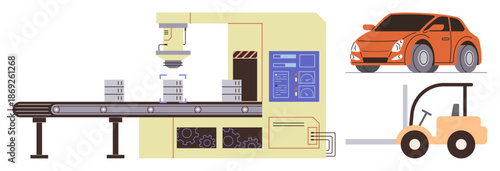 Industrial automation, robotics, transportation, automobile production, manufacturing systems, modern technology. Robotic arm assembling parts on a conveyor belt, forklift alongside. Industrial