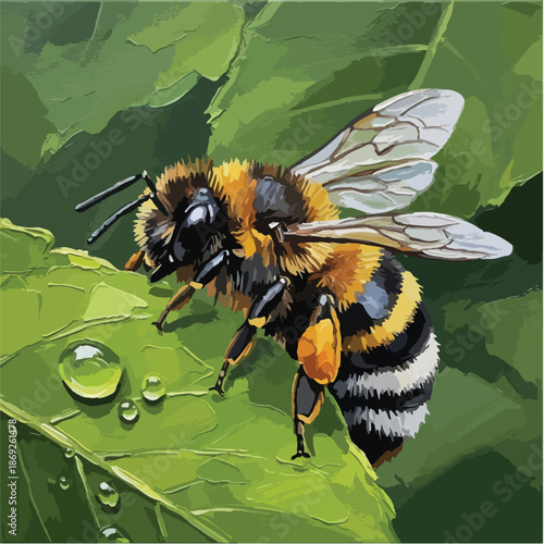 Detailed close up of a bee on a green leaf with water droplets.