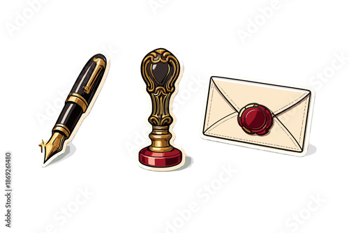 Fountain Pen, Wax Seal Stamp, and Envelope Illustration