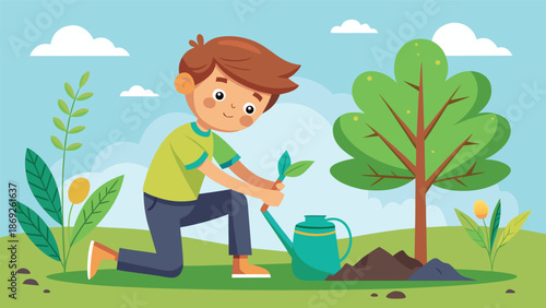 Boy planting a young tree in a garden, depicted in a colorful vector illustration