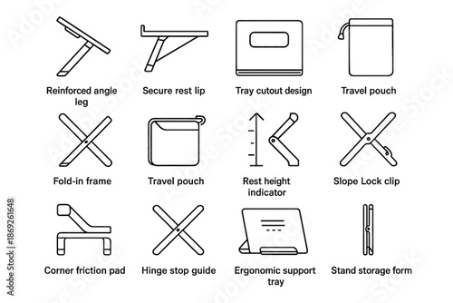 Foldable pouch riser icon rest lift bar vector slope travel mount tray