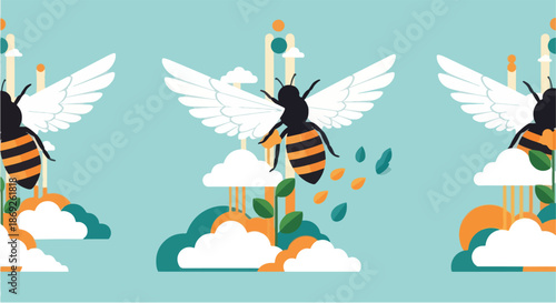 Winged Bee Flying with Rocket and Clouds.