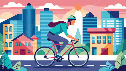 A man cycling in front of a modern cityscape, showcasing urban life