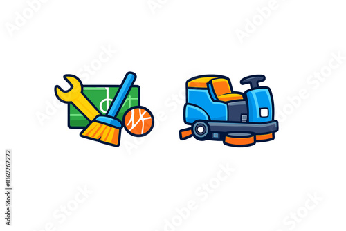 Sports field maintenance and cleaning equipment icons