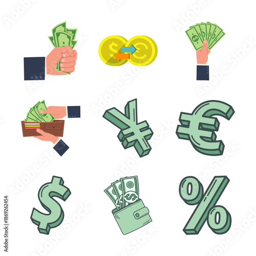 Various currency symbols and money illustrations