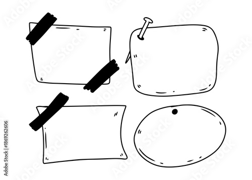 A hand-drawn illustration of four blank sticky notes and memo pads attached to a surface with tape and a thumbtack.