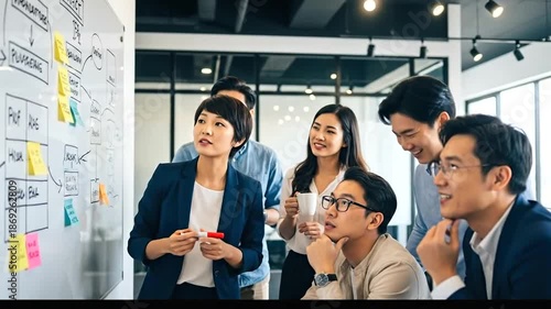 Diverse team brainstorms ideas using whiteboard in modern office
