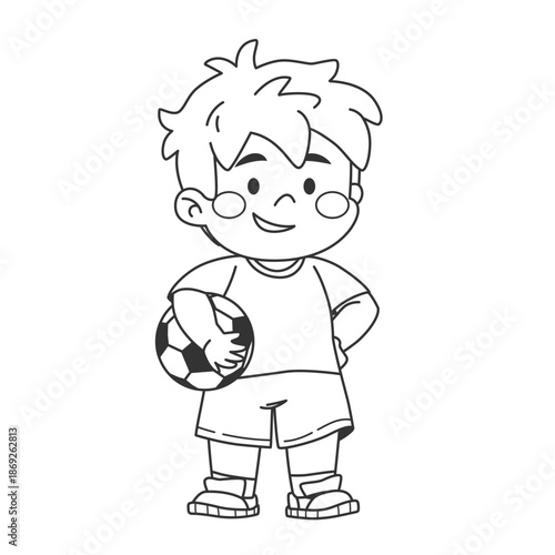 Coloring page with schoolboy with soccer ball in hand. Schoolboy athlete line art full length. Cute character student coloring. Back to school. Children education.