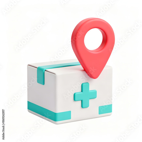 A 3D rendered image of a white medical box with a teal cross and a red location pin on top, symbolizing healthcare delivery or pharmacy services.