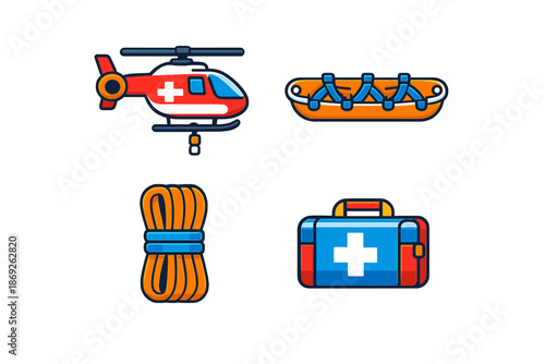 Rescue equipment icons on a dark background