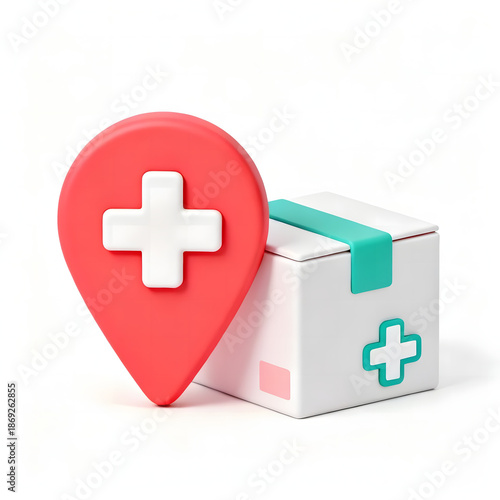 3D render of a red location pin with a white medical cross next to a white delivery box with a green ribbon and a green medical cross, symbolizing medical delivery and healthcare logistics.