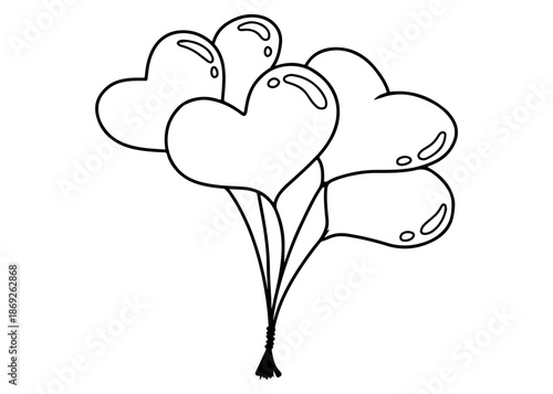 A simple black and white line drawing of a bunch of heart-shaped balloons tied together with string.