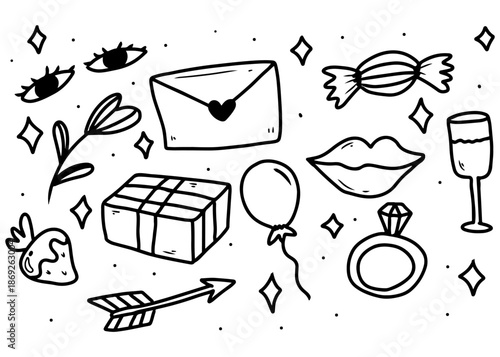 A collection of hand-drawn doodle icons representing love, celebration, and romance, including eyes, flowers, an envelope, a gift, a strawberry, an arrow, a balloon, a candy, lips, and a ring.