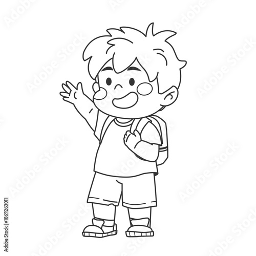Coloring page with schoolboy waving hand. Pupil line art with school bag. Cute character student coloring. Back to school. Children education