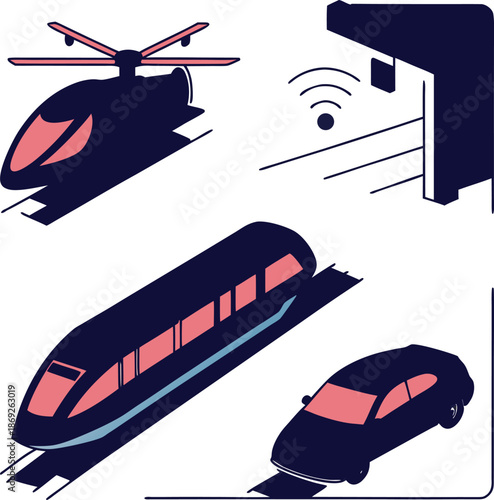 Smart transportation icons set with autonomous train car drone