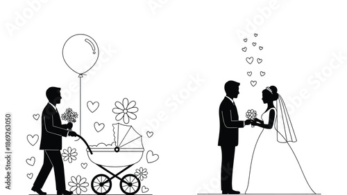 A happy couple celebrating new life and love with flowers and hearts