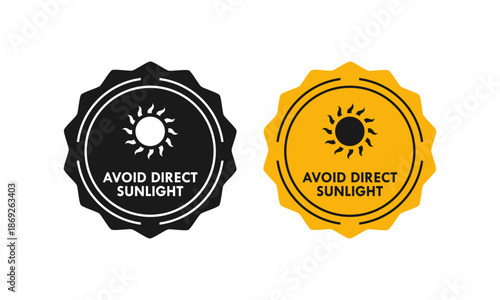 Product warning label or badge featuring a sun icon, advising to keep the item away from direct solar heat and light for quality preservation.